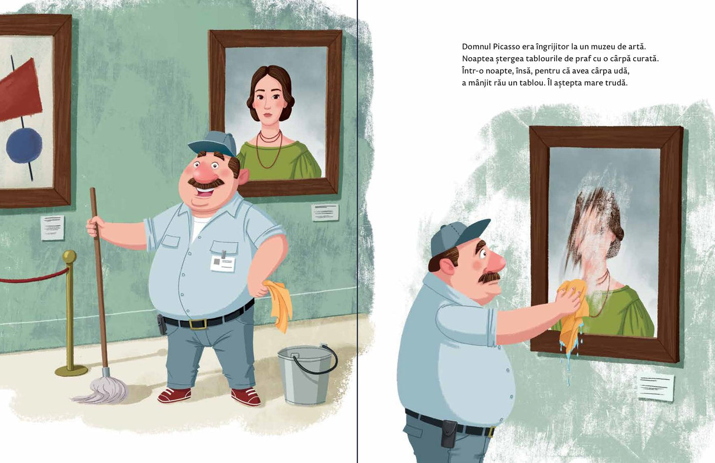 Pagini din interiorul cărții Aloo! Unde-i nasul meu, Picasso? de Olina Ortiz — ilustrații pentru copii