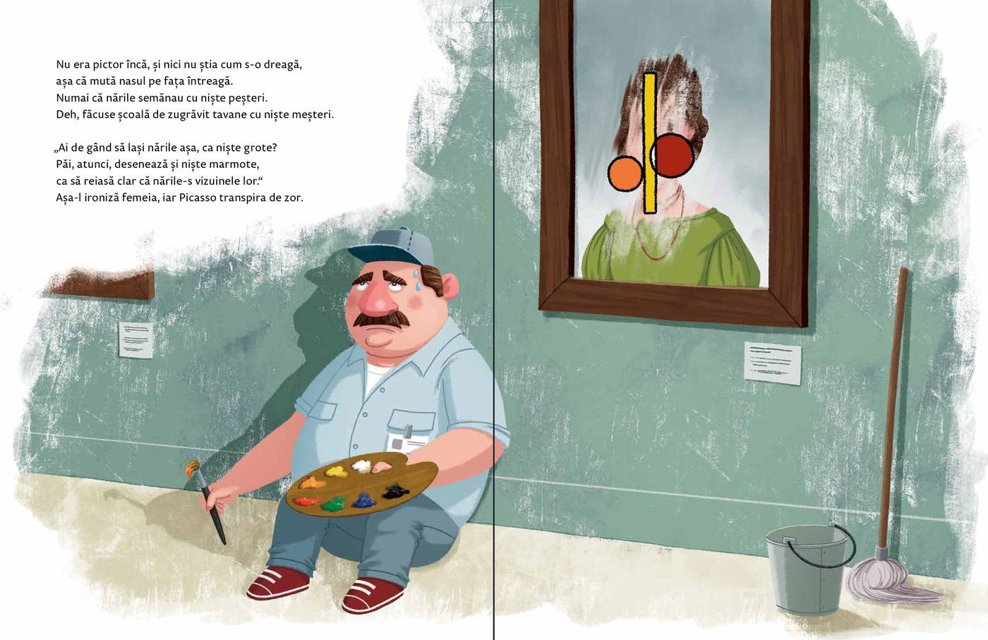 Pagini din interiorul cărții Aloo! Unde-i nasul meu, Picasso? de Olina Ortiz — ilustrații pentru copii