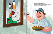 Pagini din interiorul cărții Aloo! Unde-i nasul meu, Picasso? de Olina Ortiz — ilustrații pentru copii