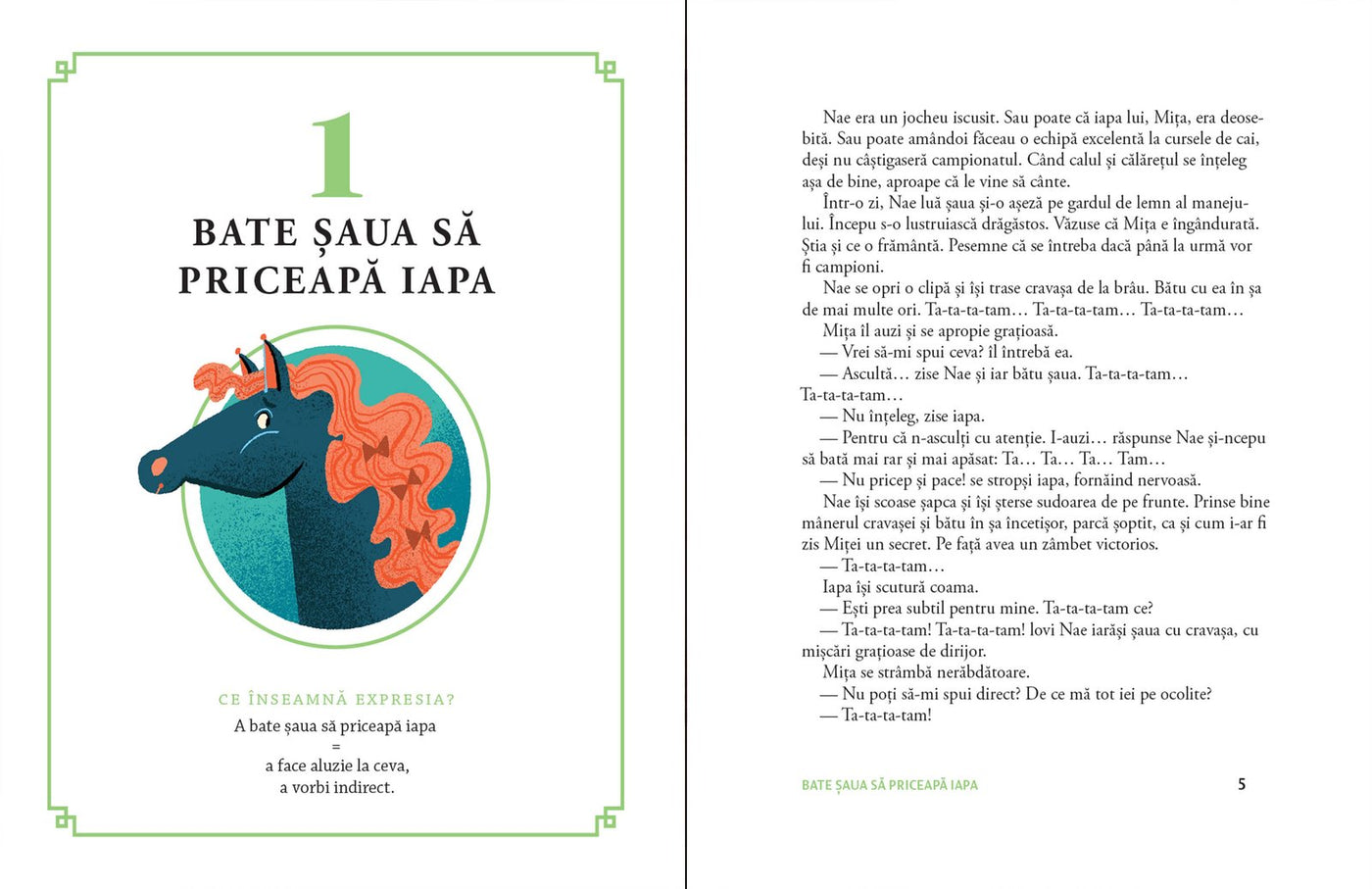 Pagini din interiorul cărții Alte 15 expresii românești de Olina Ortiz — ilustrații pentru copii