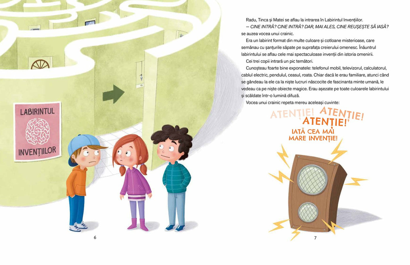 Pagini din interiorul cărții Atenție, atenție! Iată cea mai mare invenție de Olina Ortiz — ilustrații pentru copii
