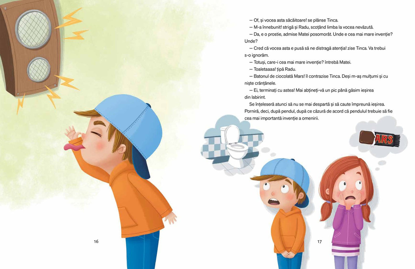 Pagini din interiorul cărții Atenție, atenție! Iată cea mai mare invenție de Olina Ortiz — ilustrații pentru copii