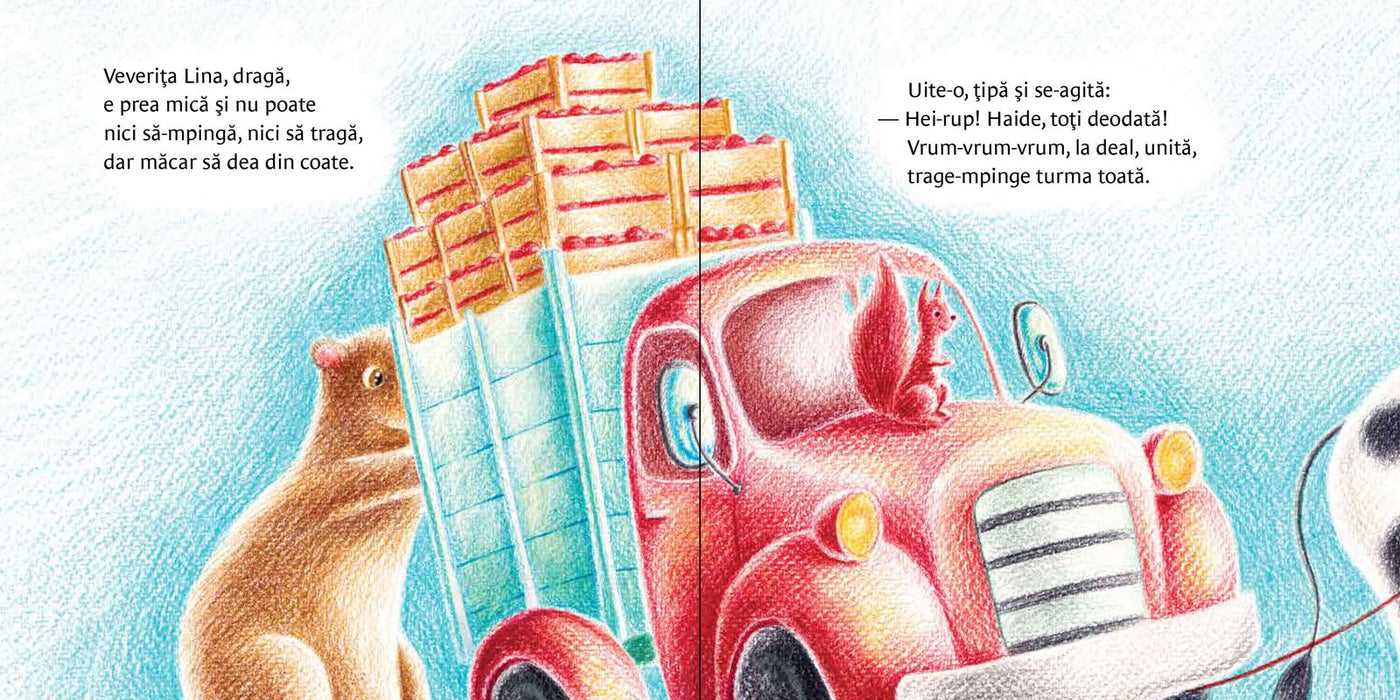 Pagini din interiorul cărții Camionul Rum-Fum-Fum de Olina Ortiz — ilustrații pentru copii