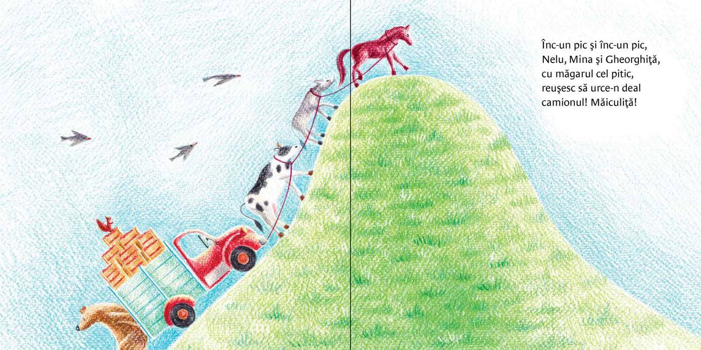 Pagini din interiorul cărții Camionul Rum-Fum-Fum de Olina Ortiz — ilustrații pentru copii