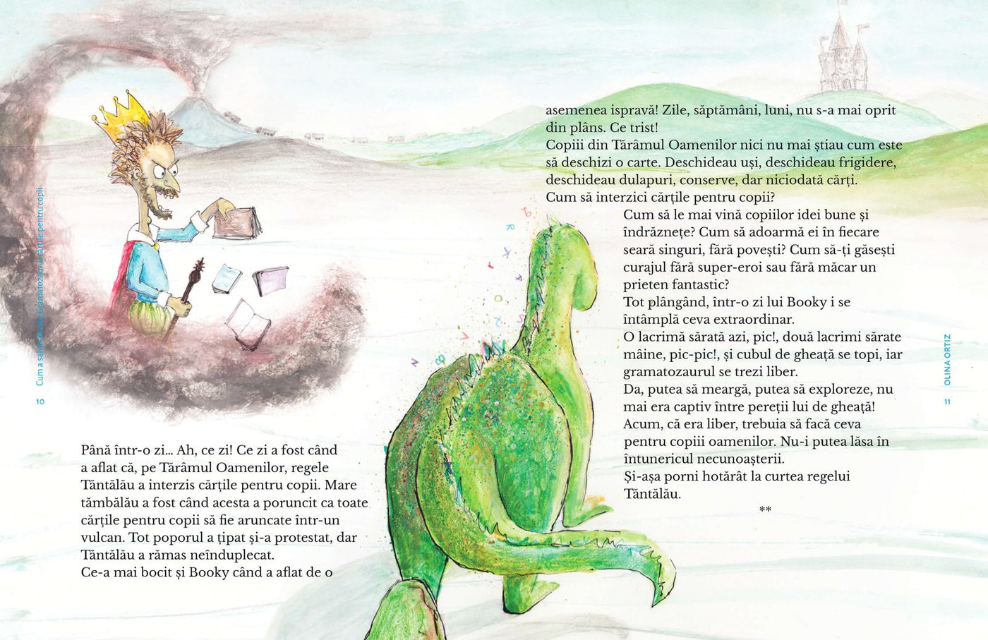 Pagini din interiorul cărții Cum a salvat Booky Gramatozaurul cărțile pentru copii de Olina Ortiz — ilustrații pentru copii