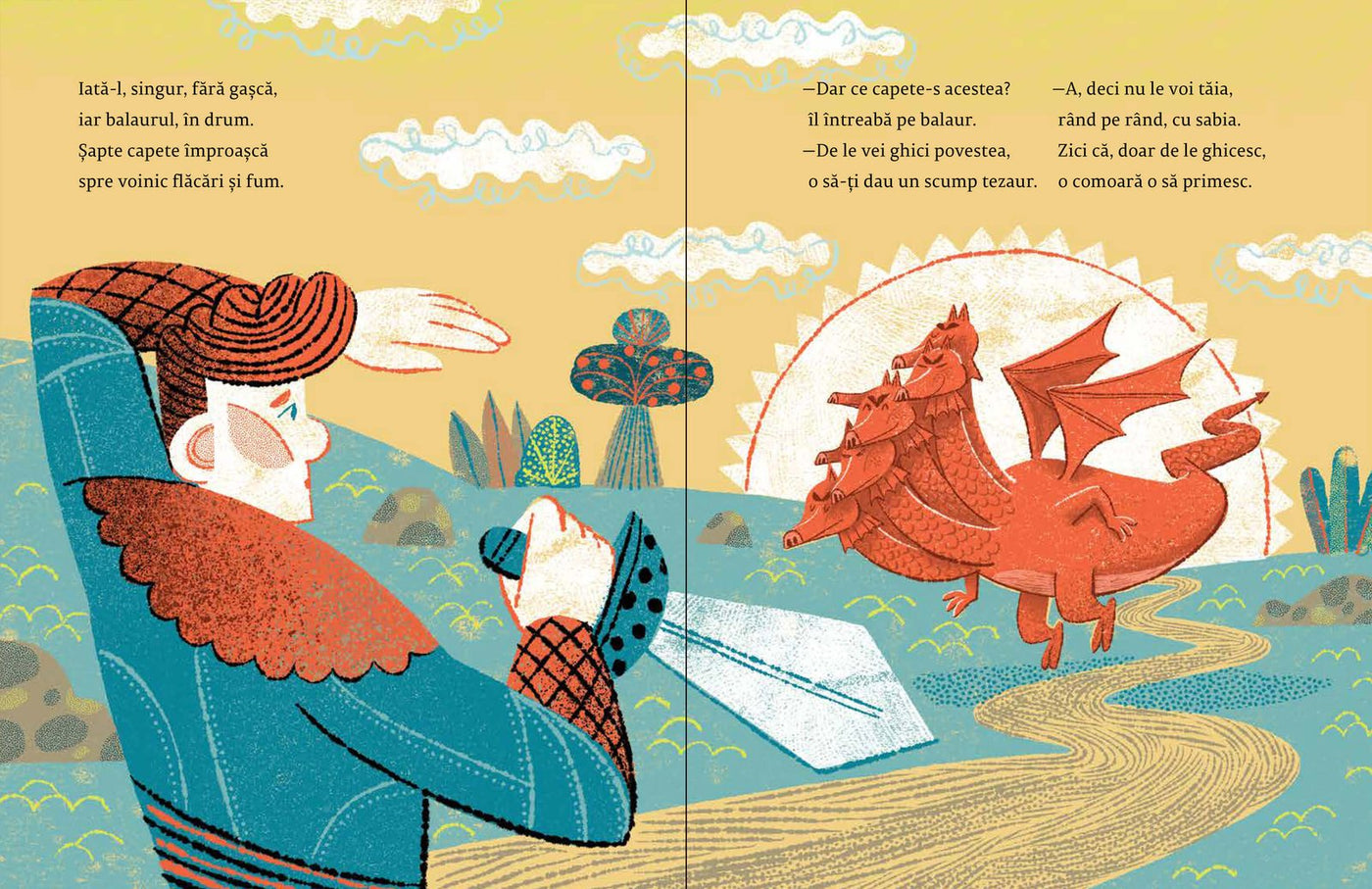 Pagini din interiorul cărții Făt-Mintos și balaurul cu șapte capete de Olina Ortiz — ilustrații pentru copii