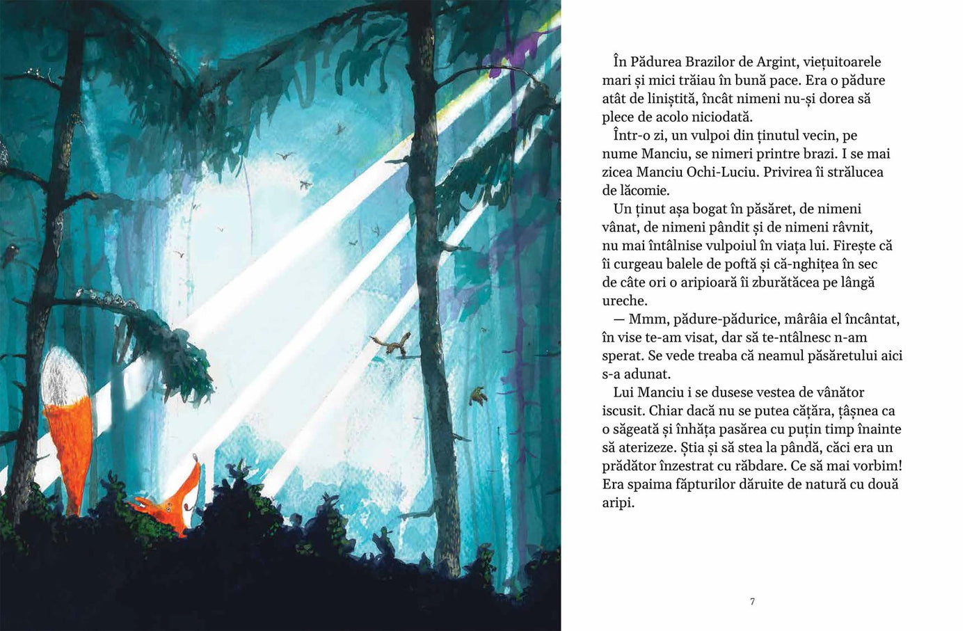 Pagini din interiorul cărții Hapciu Manciu, vulpoiul păcălit de furnici de Olina Ortiz — ilustrații pentru copii