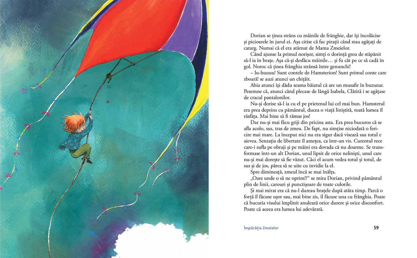 Pagini din interiorul cărții Isabela și băiatul din nori de Olina Ortiz — ilustrații pentru copii