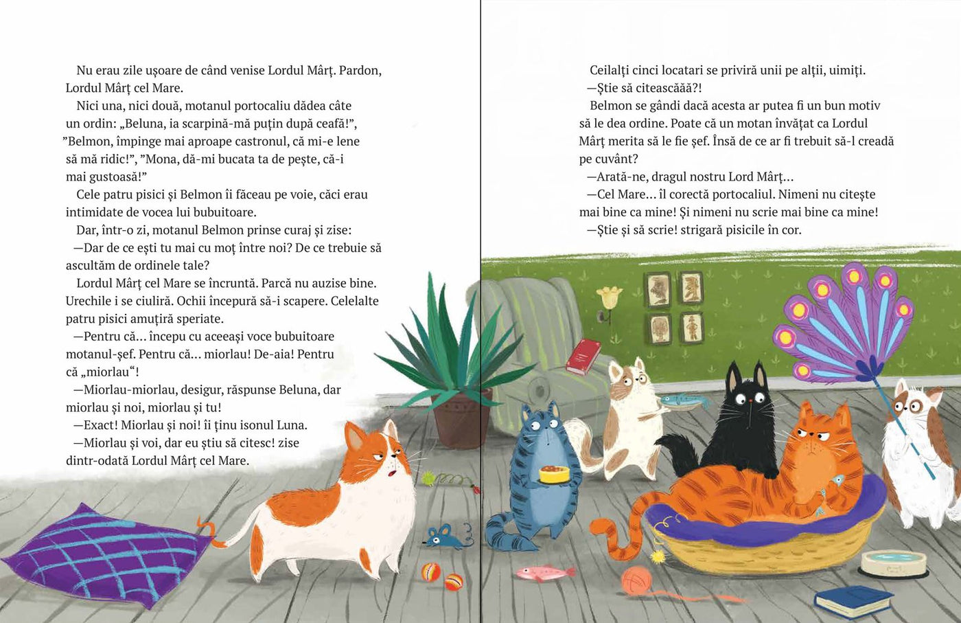 Pagini din interiorul cărții Librăria cu pisici. Motanul care făcea pe șeful de Olina Ortiz — ilustrații pentru copii