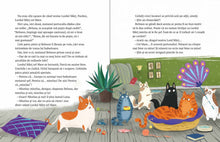 Pagini din interiorul cărții Librăria cu pisici. Motanul care făcea pe șeful de Olina Ortiz — ilustrații pentru copii