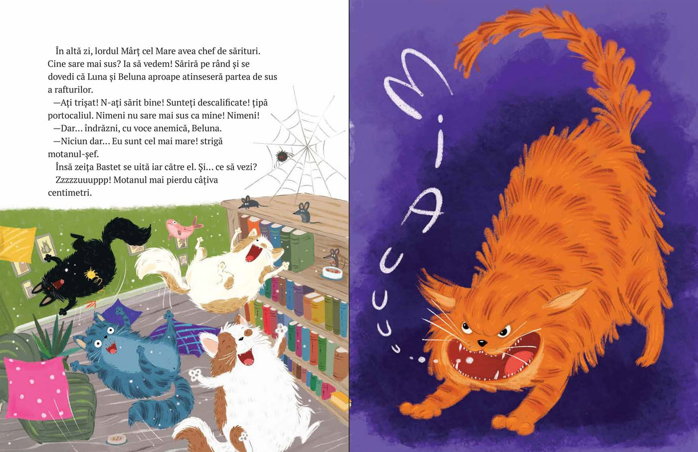 Pagini din interiorul cărții Librăria cu pisici. Motanul care făcea pe șeful de Olina Ortiz — ilustrații pentru copii