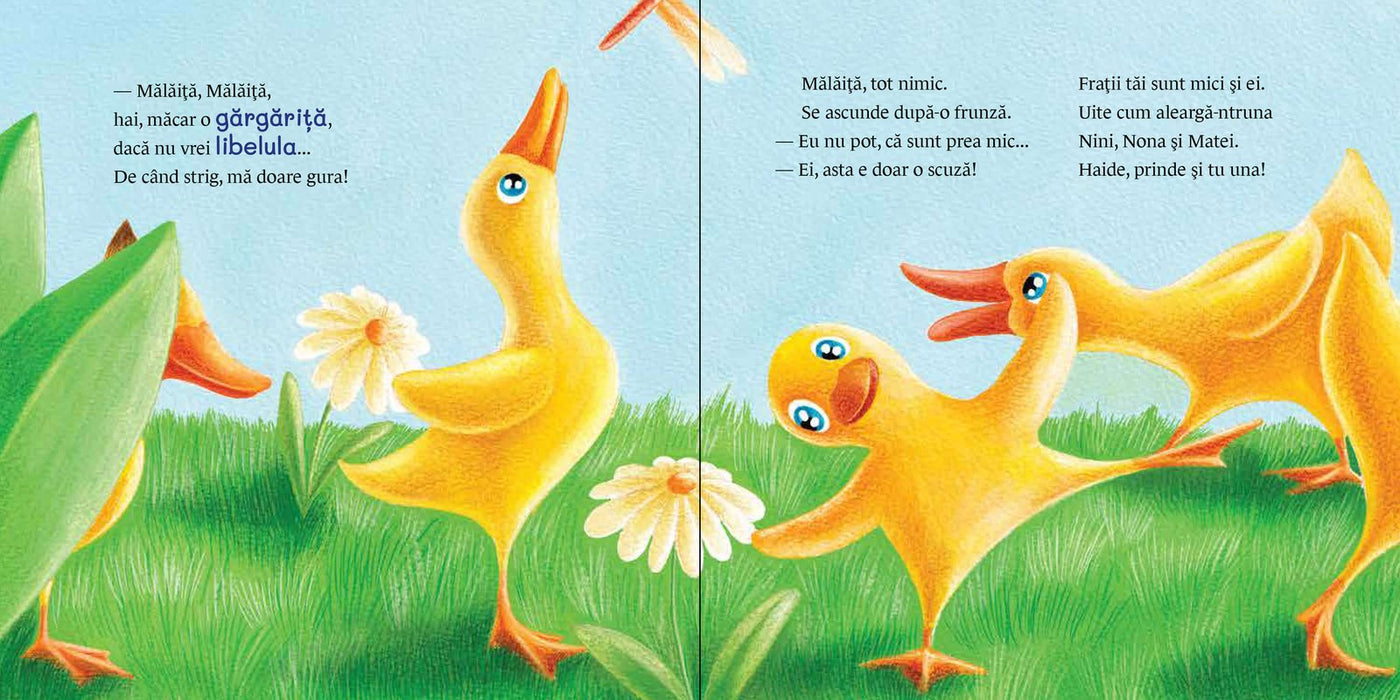 Pagini din interiorul cărții Mălăiță, Mălăiță, hai să prinzi o gărgăriță! de Olina Ortiz — ilustrații pentru copii