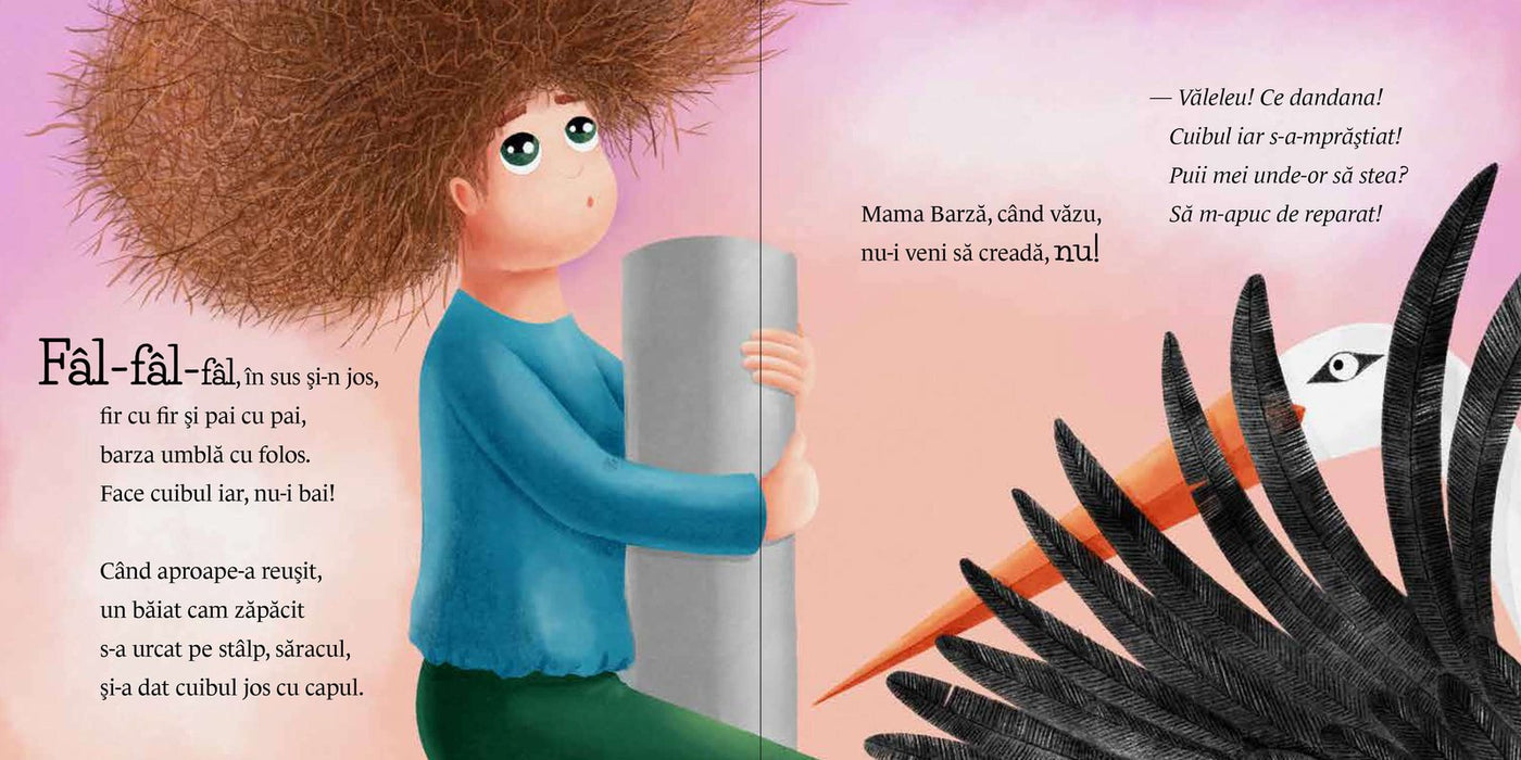 Pagini din interiorul cărții Mama Barză-și face cuib de Olina Ortiz — ilustrații pentru copii