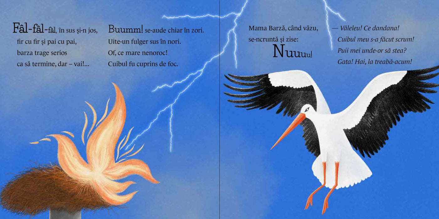 Pagini din interiorul cărții Mama Barză-și face cuib de Olina Ortiz — ilustrații pentru copii