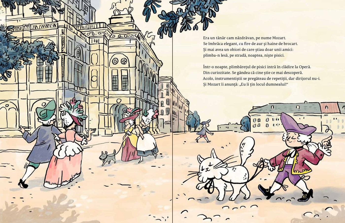 Pagini din interiorul cărții Mozart, dirijorul orchestrei Miau-Miau de Olina Ortiz — ilustrații pentru copii