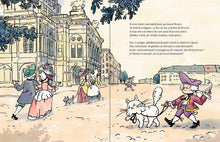 Pagini din interiorul cărții Mozart, dirijorul orchestrei Miau-Miau de Olina Ortiz — ilustrații pentru copii