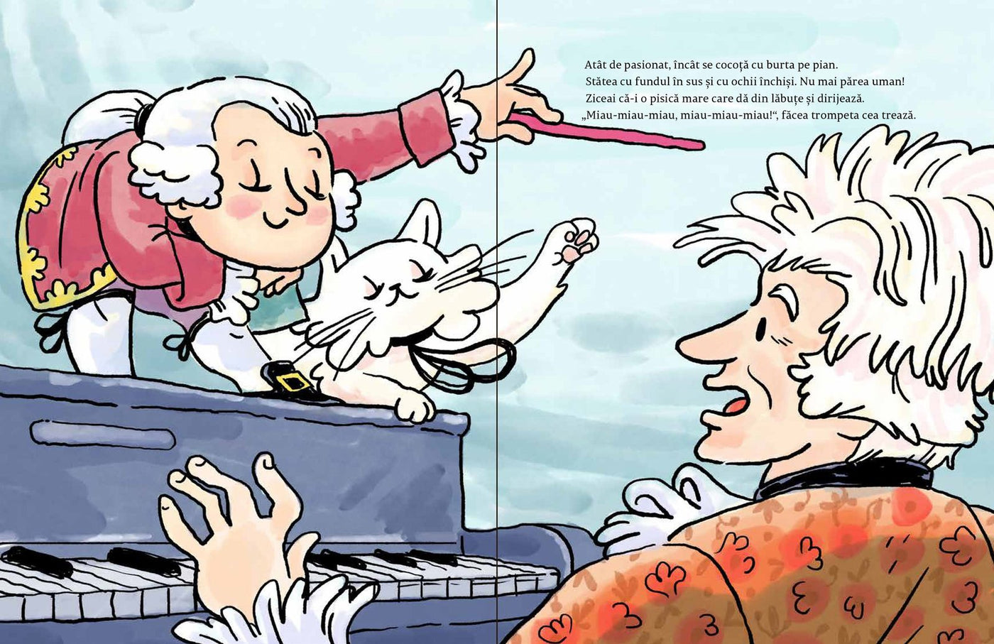 Pagini din interiorul cărții Mozart, dirijorul orchestrei Miau-Miau de Olina Ortiz — ilustrații pentru copii