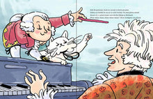 Pagini din interiorul cărții Mozart, dirijorul orchestrei Miau-Miau de Olina Ortiz — ilustrații pentru copii