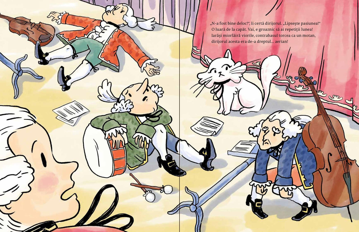Pagini din interiorul cărții Mozart, dirijorul orchestrei Miau-Miau de Olina Ortiz — ilustrații pentru copii
