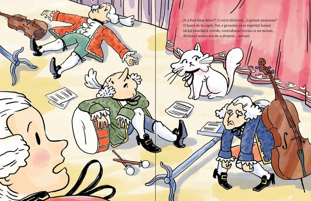 Pagini din interiorul cărții Mozart, dirijorul orchestrei Miau-Miau de Olina Ortiz — ilustrații pentru copii