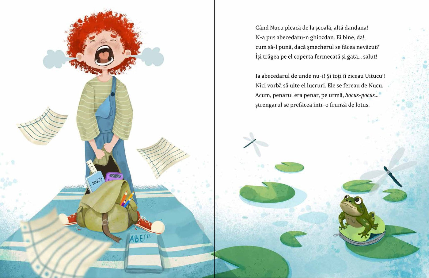 Pagini din interiorul cărții Nucu Uitucu’ și piratul Atension de Olina Ortiz — ilustrații pentru copii