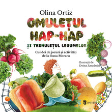Coperta cărții Omulețul Hap-hap și trenulețul legumelor de Olina Ortiz — carte ilustrată pentru copii