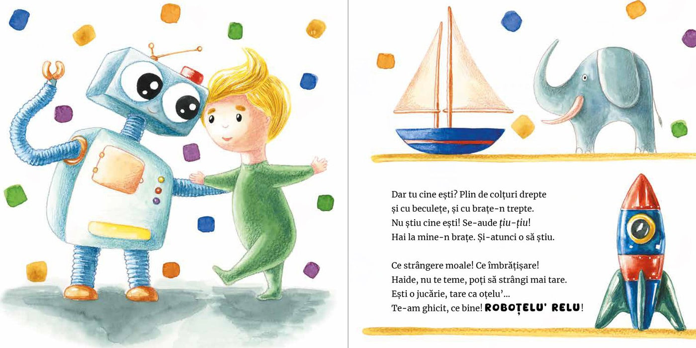 Pagini din interiorul cărții Omulețul Țoc-Țoc te îmbrățișează pe loc de Olina Ortiz — ilustrații pentru copii