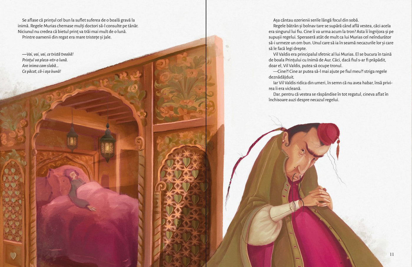 Pagini din interiorul cărții Prințul cu inimă de aur de Olina Ortiz — ilustrații pentru copii