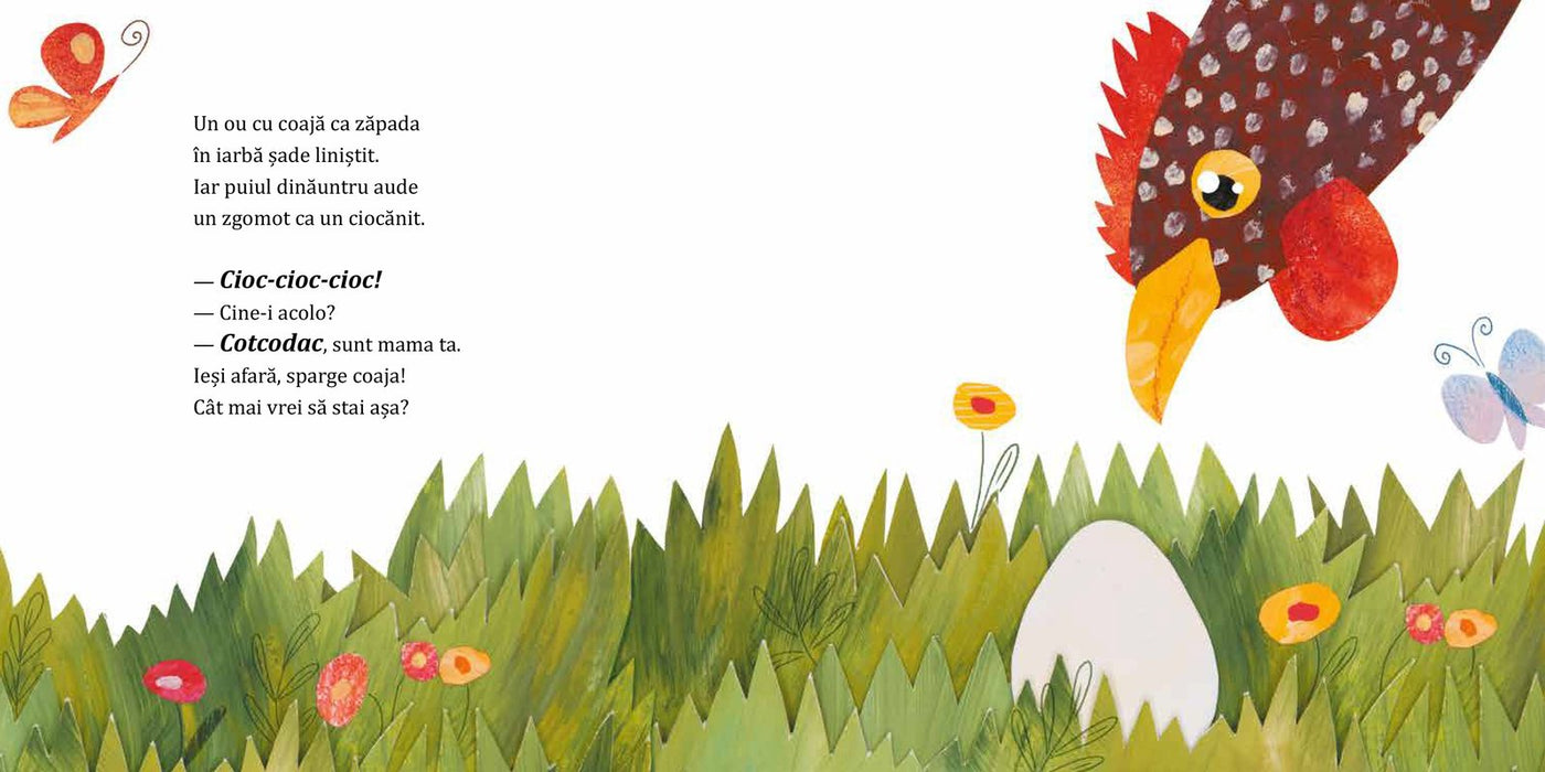 Pagini din interiorul cărții Puiul care nu voia să iasă din ou de Olina Ortiz — ilustrații pentru copii