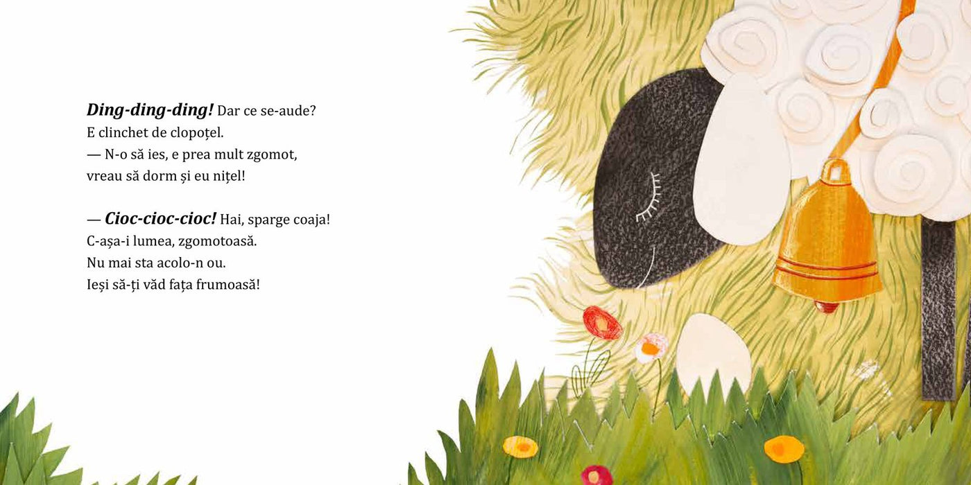 Pagini din interiorul cărții Puiul care nu voia să iasă din ou de Olina Ortiz — ilustrații pentru copii