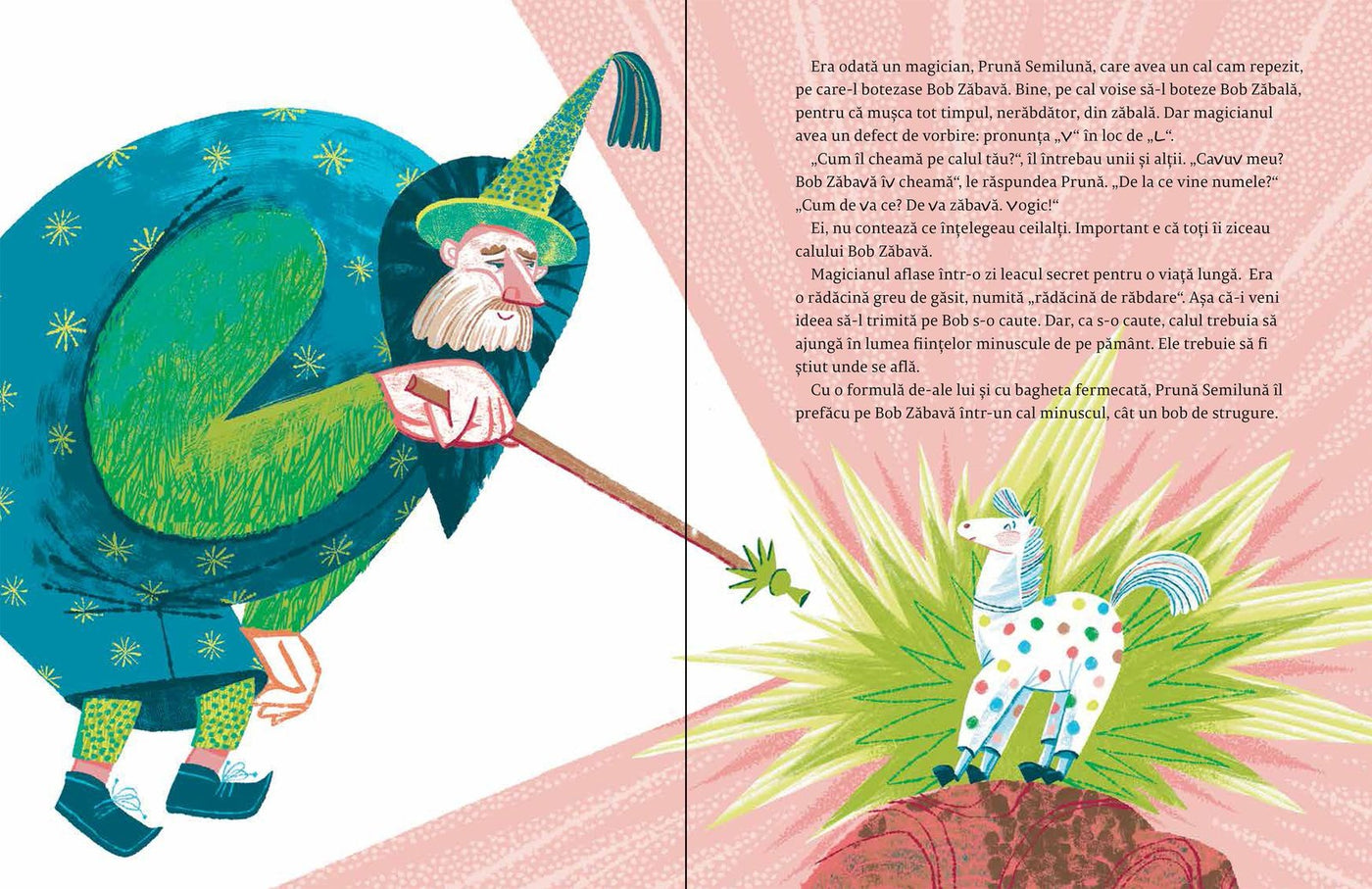 Pagini din interiorul cărții Rădăcină de răbdare. Pățaniile lui Bob Zăbavă de Olina Ortiz — ilustrații pentru copii