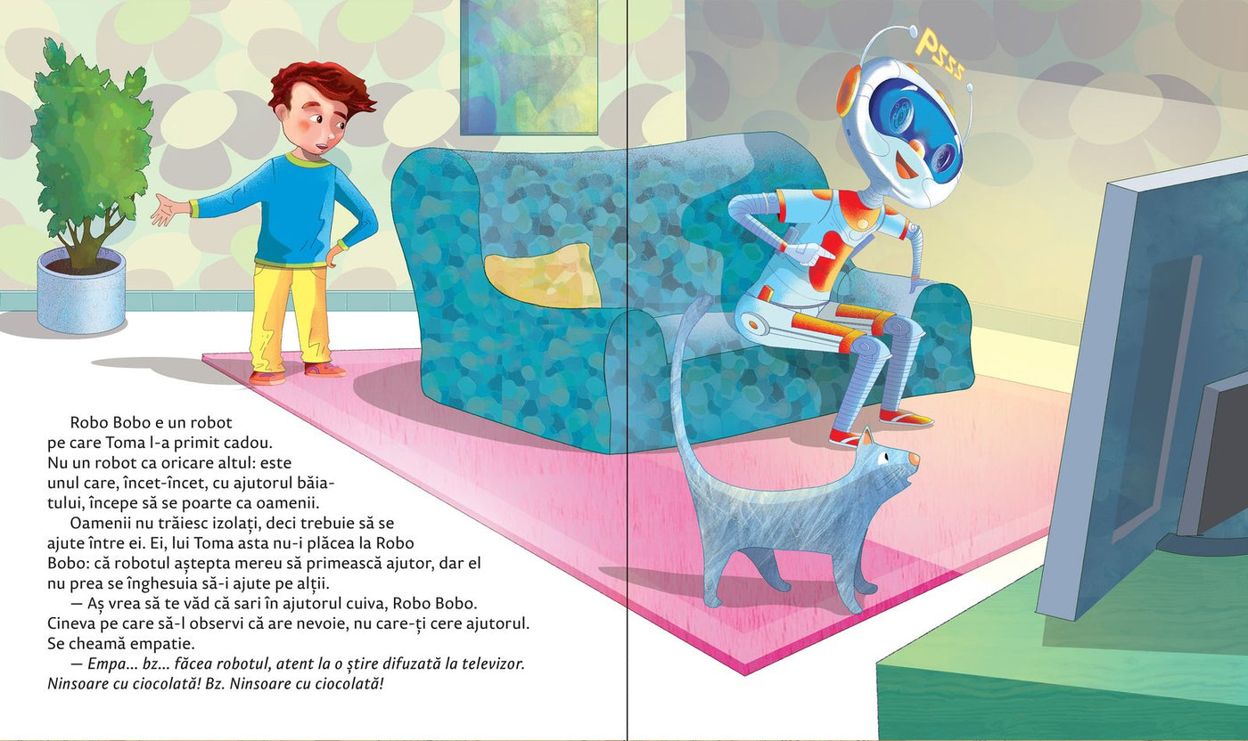 Robo Bobo  stă pe canapea și nu vrea să ajute, ilustrație din volumul 12.