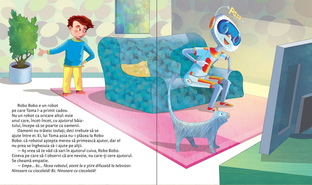 Robo Bobo  stă pe canapea și nu vrea să ajute, ilustrație din volumul 12.