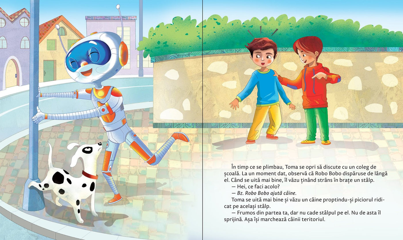 Robo Bobo sprijină un stâlp ca să ajute un câine, ilustrație din volumul 12.
