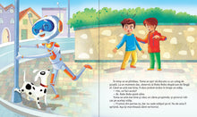 Robo Bobo sprijină un stâlp ca să ajute un câine, ilustrație din volumul 12.