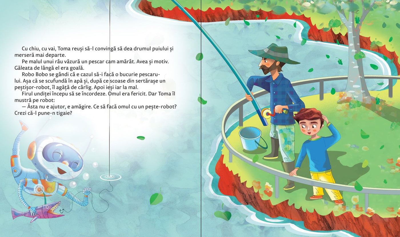 Robo Bobo ajută un pescar să pescuiască, ilustrație din volumul 12.