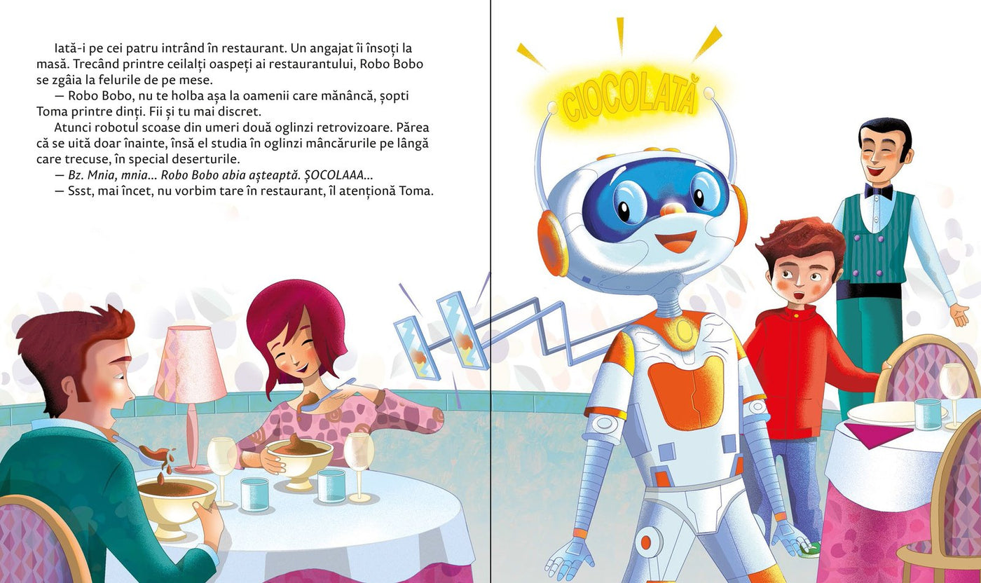 Robo Bobo cu oglinzi retrovizoare la restaurant, studiind deserturile – ilustrație din vol. 8