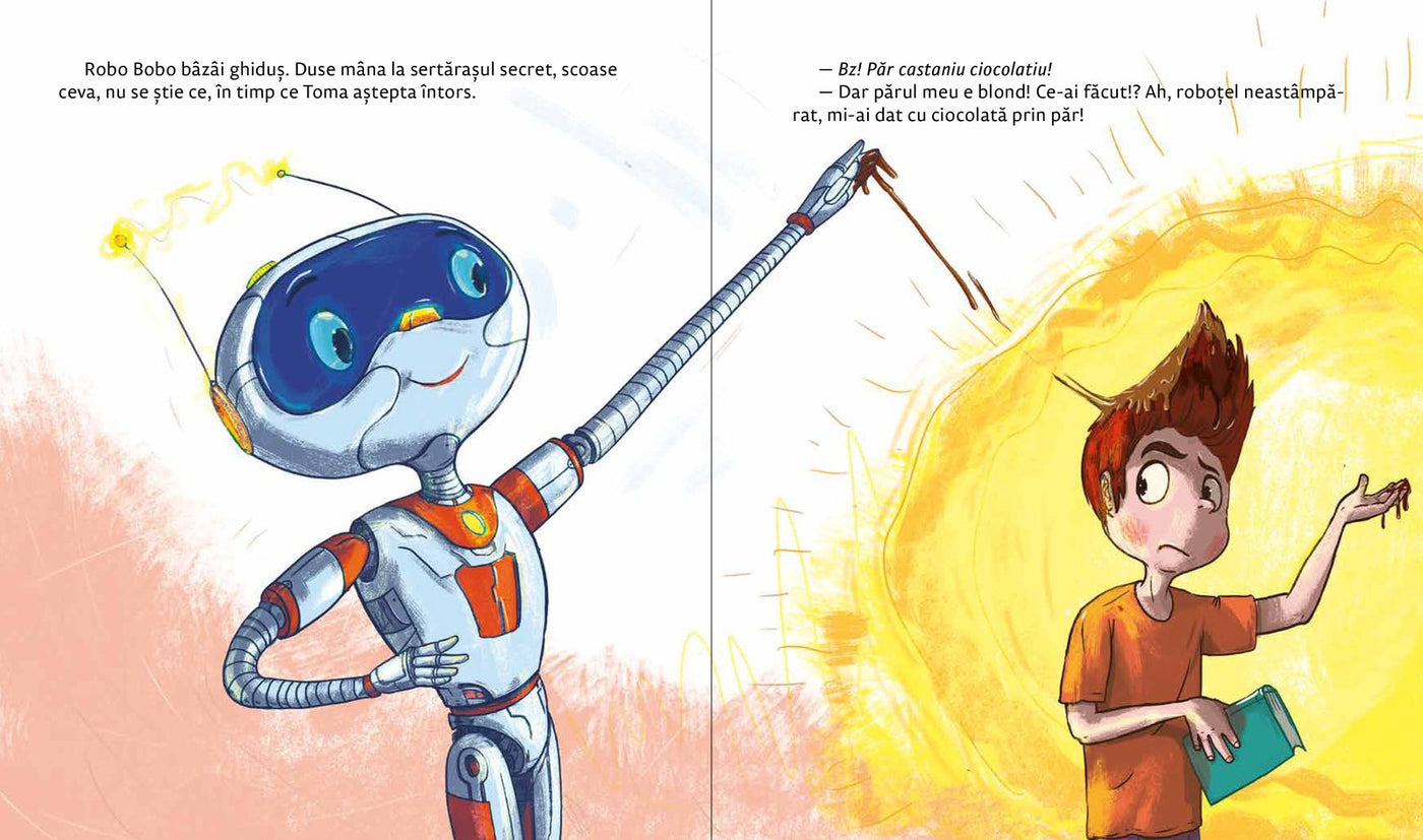 Robo Bobo îi pune ciocolată în păr lui Toma, ilustrație din volumul 4