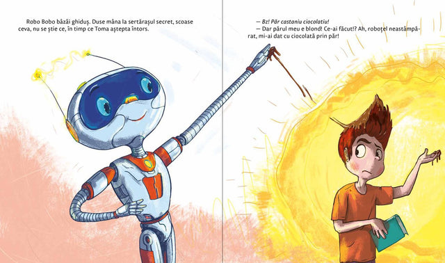 Robo Bobo îi pune ciocolată în păr lui Toma, ilustrație din volumul 4