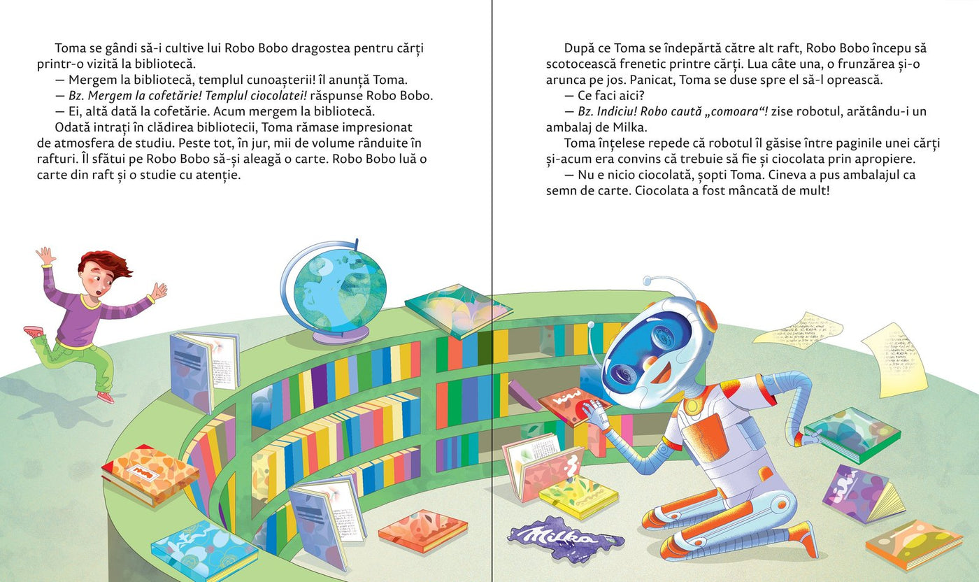 Robo Bobo caută ciocolata printre cărți, ilustrație din volumul 10