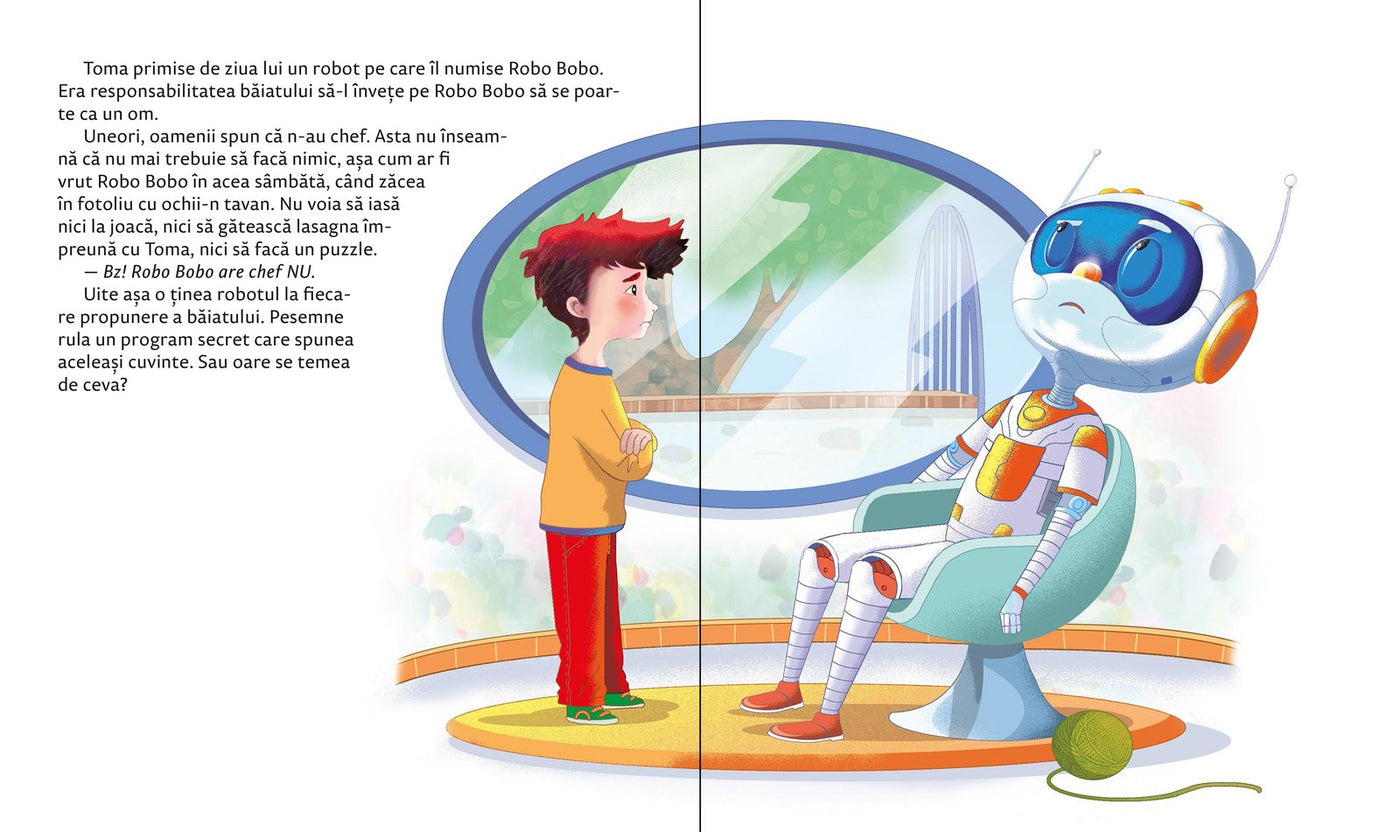 Robo Bobo stă trist în fotoliu în timp ce Toma îl privește – pagină interioară ilustrată, carte copii 3-6 ani, vol. 7