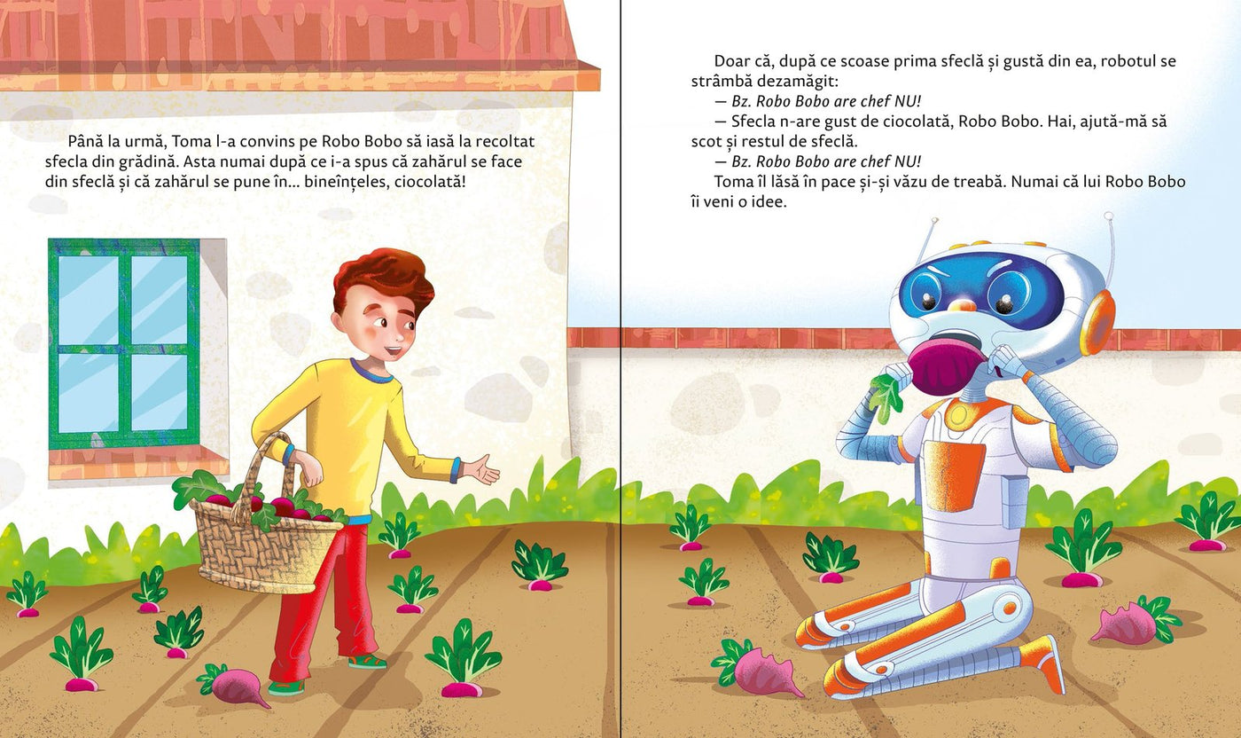 Toma și Robo Bobo recoltează sfeclă în grădină – ilustrație interior carte copii, seria Robo Bobo, Olina Ortiz