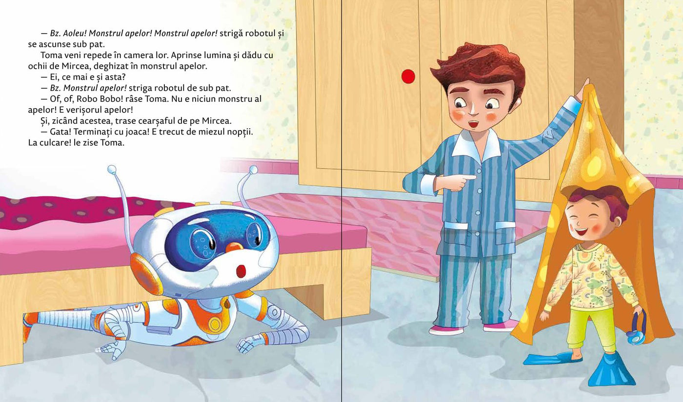 Mircea plânge în pat noaptea iar Robo Bobo păzește șifonierul, ilustrații Anna Clariana, poveste despre frici