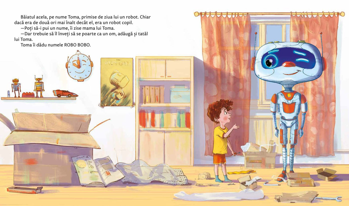 Toma descoperă robotul Robo Bobo scos din cutie, carte ilustrată copii 3-6 ani, ilustrații Ionuț Robert Olaru