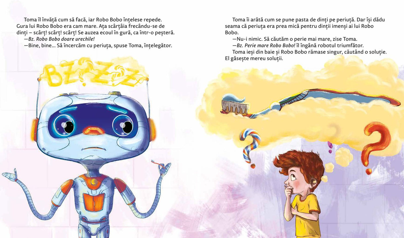 Robo Bobo învață să se spele pe dinți cu Toma, pagină interioară ilustrată, poveste despre igiena dentară copii