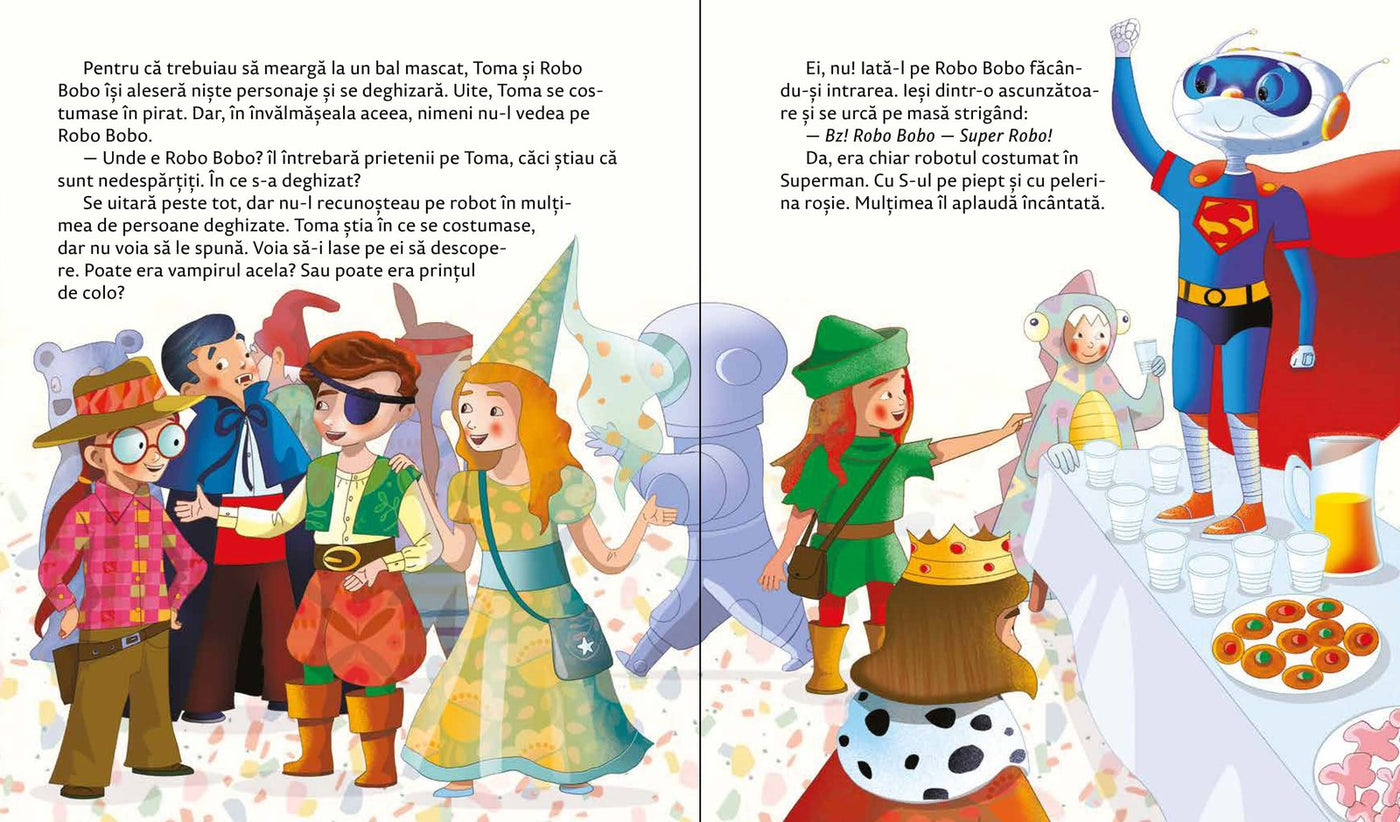 Robo Bobo Super Robo vol.17 scenă bal mascat, copii costumați și Robo Bobo pe masă în costum de super erou, Olina Ortiz, carte ilustrată copii