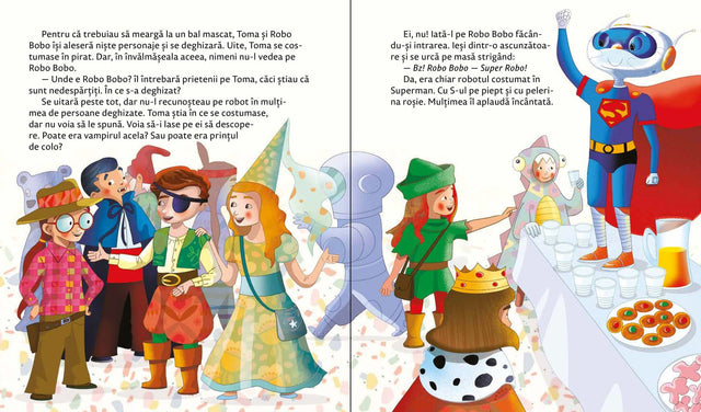 Robo Bobo Super Robo vol.17 scenă bal mascat, copii costumați și Robo Bobo pe masă în costum de super erou, Olina Ortiz, carte ilustrată copii