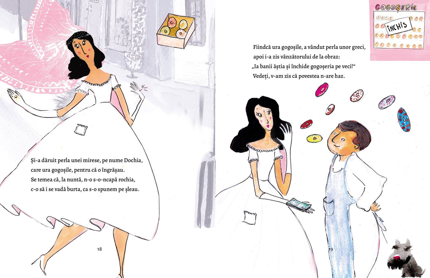 Pagini din interiorul cărții Timotei și Gogoașa de Olina Ortiz — ilustrații pentru copii