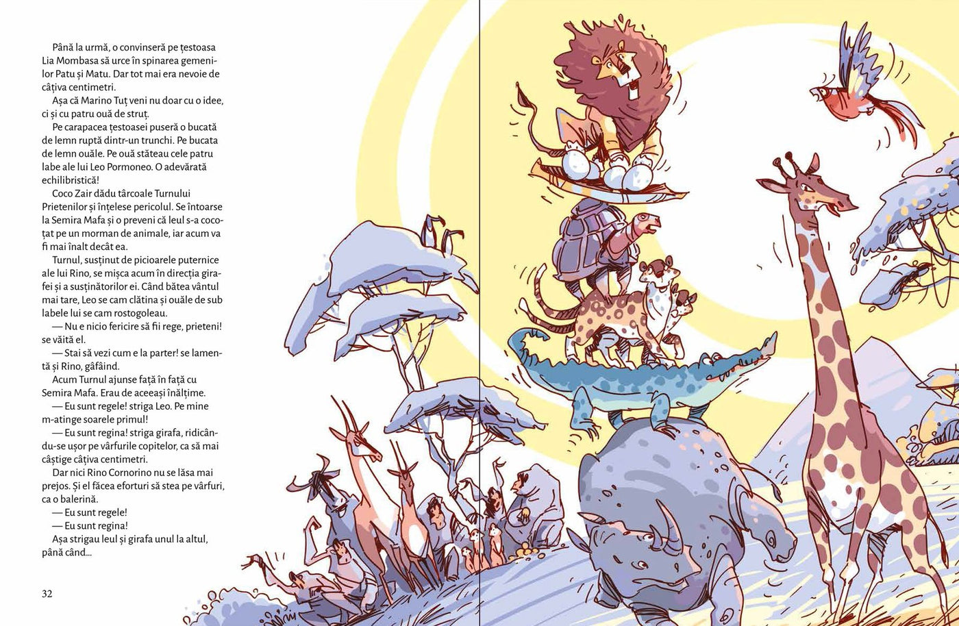 Pagini din interiorul cărții Turnul prietenilor de Olina Ortiz — ilustrații pentru copii