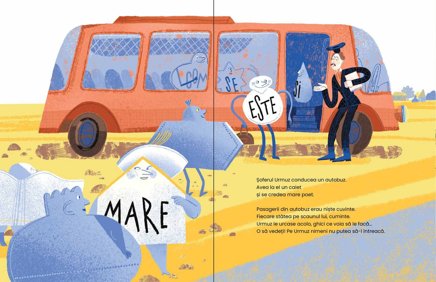 Pagini din interiorul cărții Un autobuz condus de Urmuz de Olina Ortiz — ilustrații pentru copii